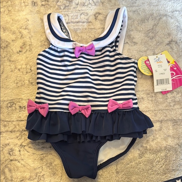 NEW Navy and Pink Striped Girls Swimwear - Picture 1 of 4